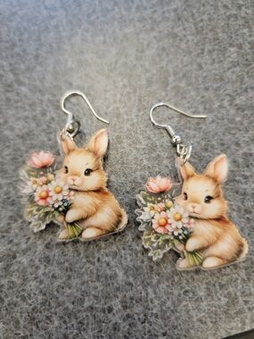 Cute Bunny with Flowers Acrylic Earrings - Pink & Brown